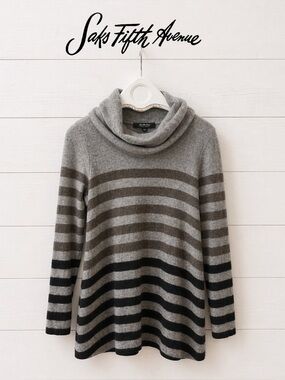 Saks Fifth Avenue 100% Cashmere Striped Cowlneck Tunic Sweater size M